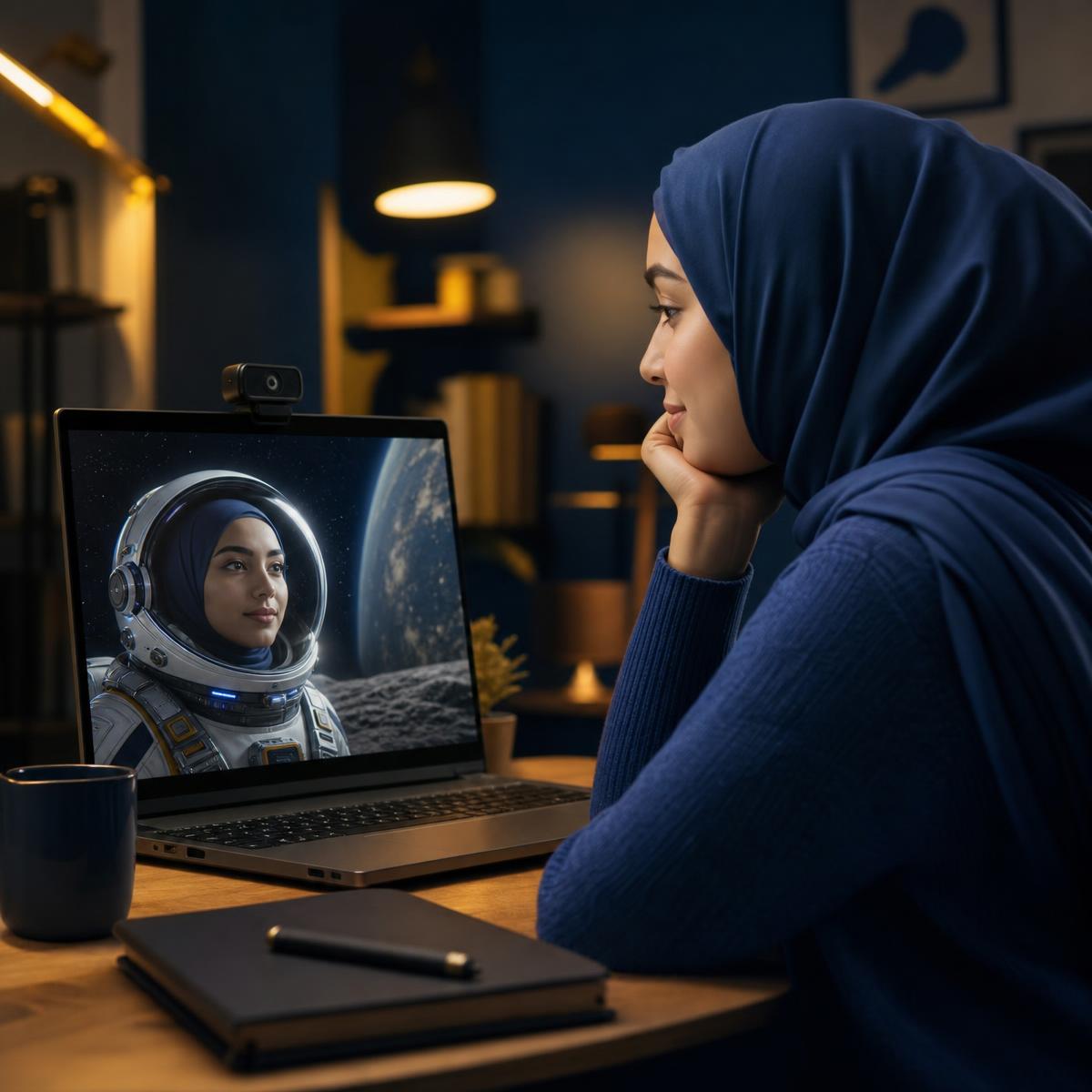 A woman in a modern hijab sits in front of a laptop with a webcam; the screen shows her transformed into a cinematic astronaut in real time