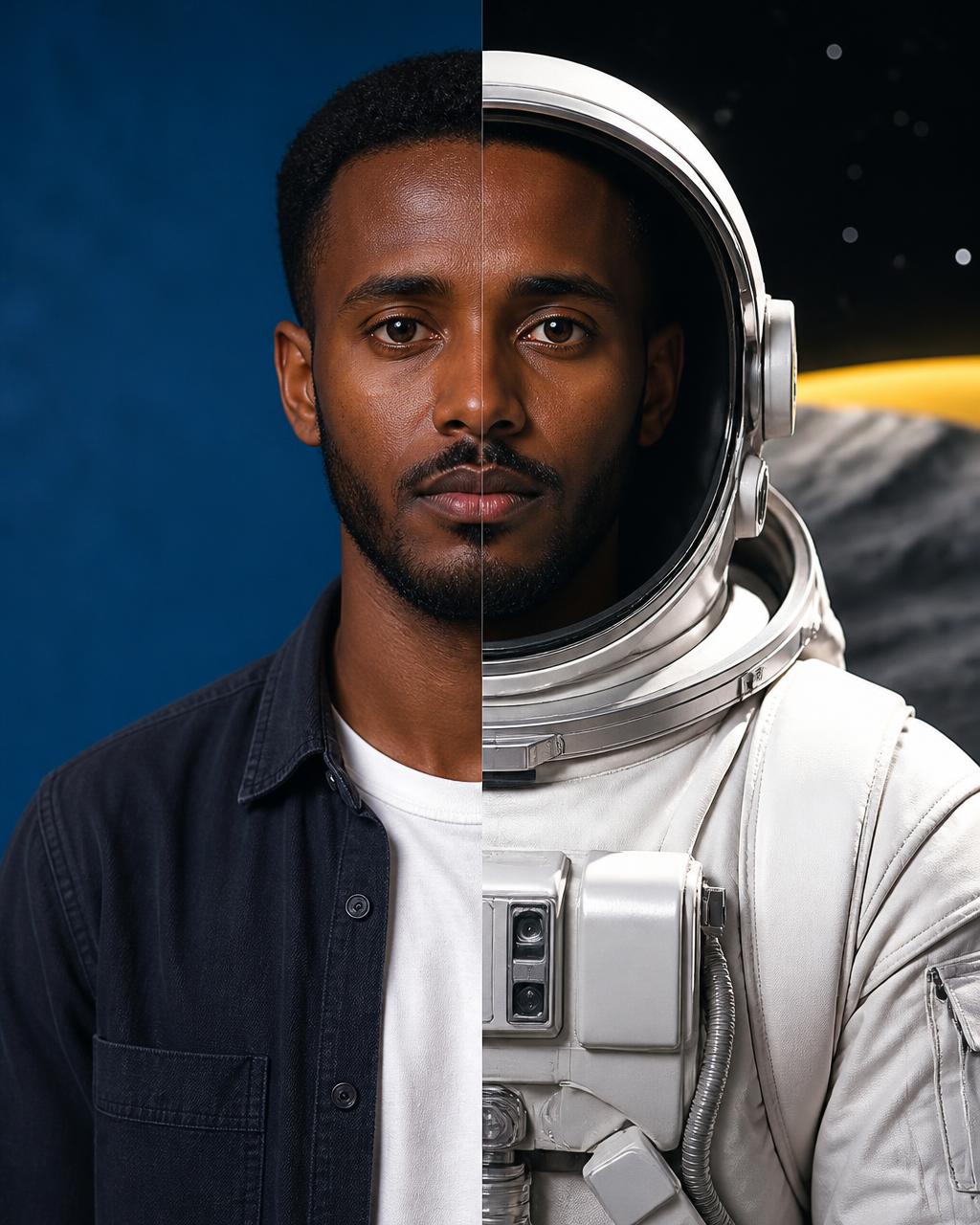 A young East African man shown half as himself and half transformed into an astronaut
