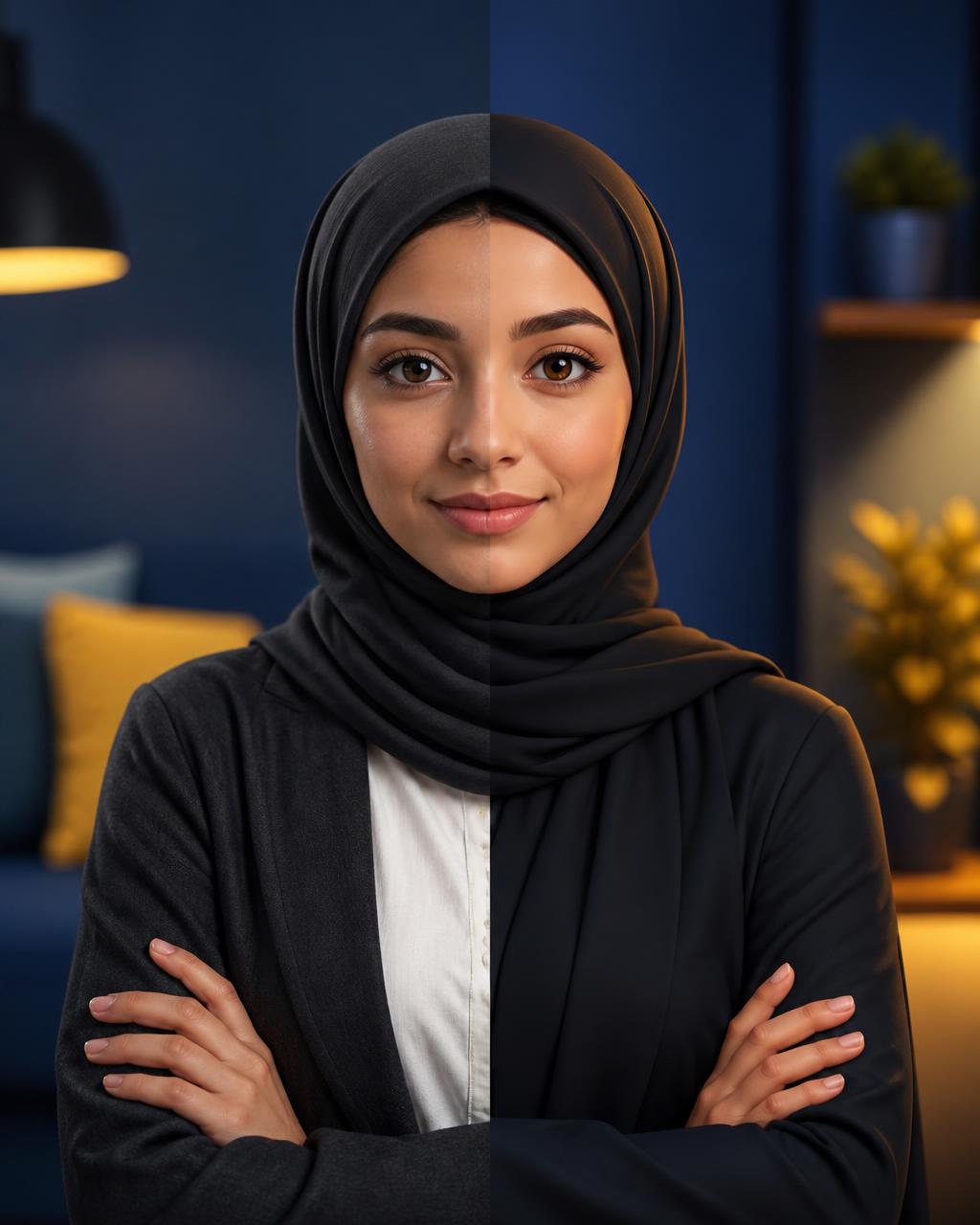 A young woman in a modern hijab shown half photographic and half as a cinematic illustrated character